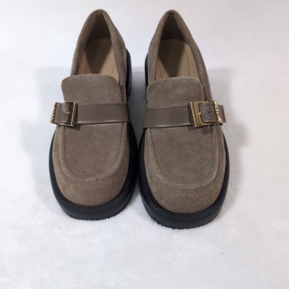 Charles & Keith Loafers Women Taupe Suede Gold Buckle Lug Sole Chunky Platform - Picture 12 of 13